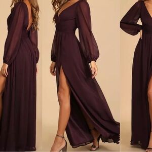 LULUS Enchant My Love Dark Purple V Neck Long Sleeve Maxi Dress.